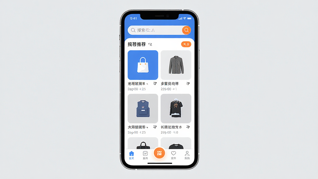 一张展示汇App核心全貌的手机界面图片,主体是一部竖屏智能手机,屏幕上显示汇App的主页,布局分为顶部搜索栏、中部商品推荐瀑布流、底部导航栏,排版清晰整洁,风格为现代扁平化设计,细节上图标圆润、色彩以蓝白为主点缀橙色按钮,画质清晰干净无多余元素,背景为浅灰色纯色背景。