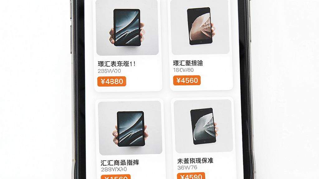 一张展示汇App商品推荐列表的手机界面图片,主体是一部竖屏智能手机,屏幕上显示商品列表页,排版为两列网格布局,每个商品卡片包含图片、名称和价格,风格为清新简约风,细节上商品图片清晰、价格标签用橙色高亮,画质清晰干净无多余元素,背景为白色。