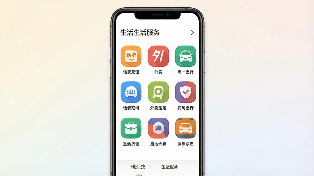 一张展示汇App生活服务页面的手机界面图片,主体是一部竖屏智能手机,屏幕上显示生活服务功能区,排版为九宫格图标布局,包含话费充值、外卖、出行等图标,风格为现代扁平化设计,细节上图标颜色鲜艳、文字标签清晰,画质清晰干净无多余元素,背景为浅色渐变。