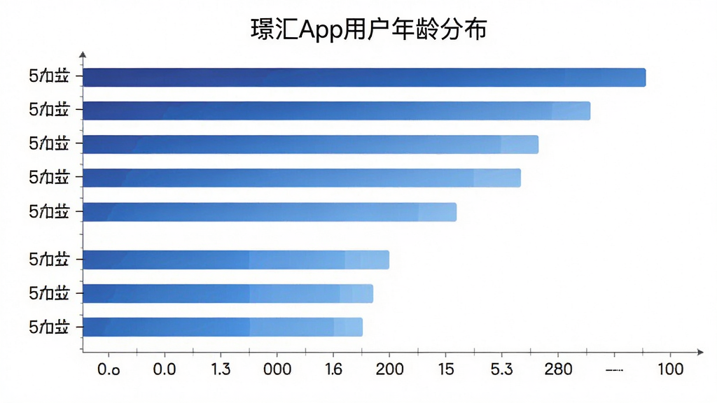 一张展示汇App用户年龄分布柱状图的图片,主体是一个数据图表,布局为横向柱状图,排版清晰,风格为简约商务风,细节上柱子颜色为蓝色渐变、坐标轴标签清晰,画质清晰干净无多余元素,背景为白色。