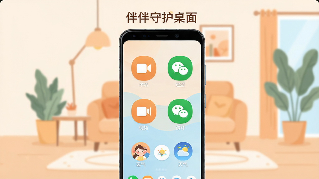 伴伴守护桌面应用主界面全貌展示,画面中央是一部安卓手机,屏幕上显示大字体大图标的桌面布局,顶部有“伴伴守护桌面”文字标识,桌面包含电话、视频通话、微信、天气等大号圆形图标,配色温暖柔和以橙色和浅蓝为主,背景是简洁的居家插画风格,整体排版清晰干净,画质高清无多余元素
