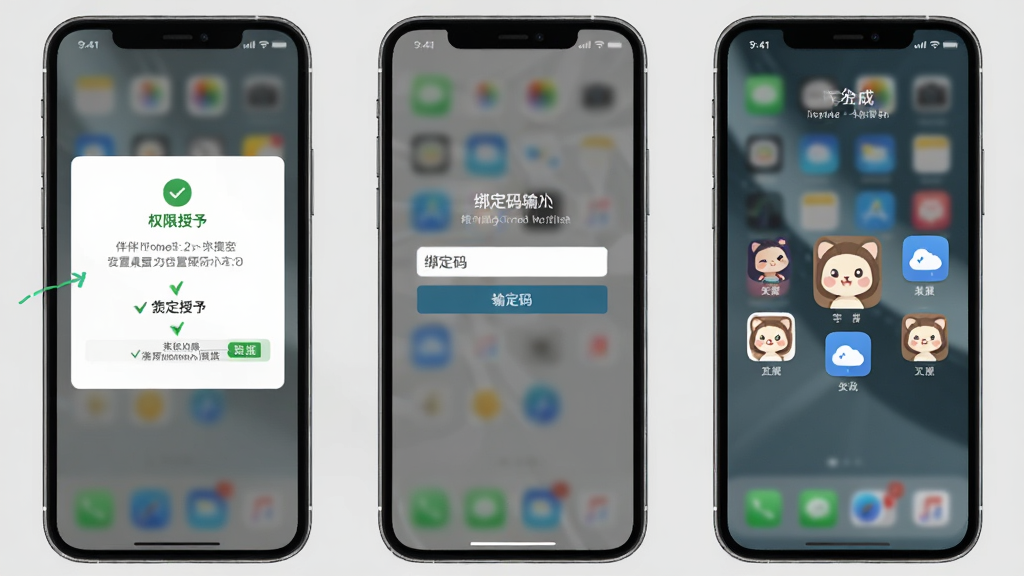 伴伴守护桌面安装设置流程示意图,画面分为三个手机屏幕并排展示,第一屏显示权限授予界面,第二屏显示绑定码输入框,第三屏显示桌面加载完成的大图标界面,背景为浅灰色,风格简洁教程风,画质清晰,文字标注明确,无多余元素