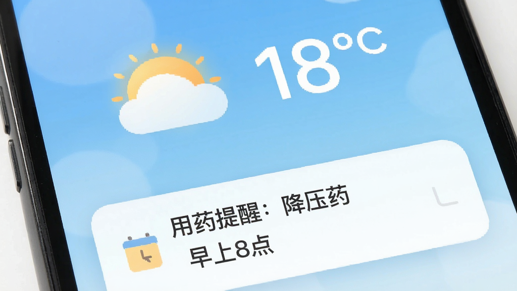 伴伴守护桌面天气与用药提醒界面,手机屏幕上半部分显示大大的天气图标和温度数字,下半部分显示“用药提醒:降压药 早上8点”的卡片式提醒,背景为淡蓝色渐变,风格温馨实用,画质高清干净