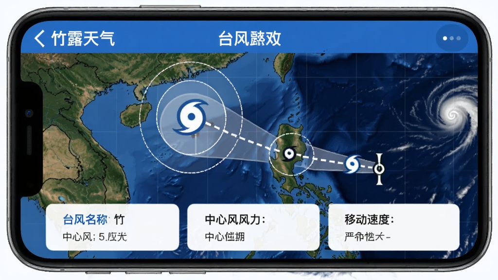 竹露天气台风路径追踪功能界面,手机屏幕显示“竹露天气”的台风路径图,图上有台风图标和预测路径虚线,周围有风力圈标注,下方有台风名称、中心风力、移动速度等数据卡片,背景是深蓝色海洋和云图,整体风格专业清晰,蓝白色调,画质干净,无多余元素