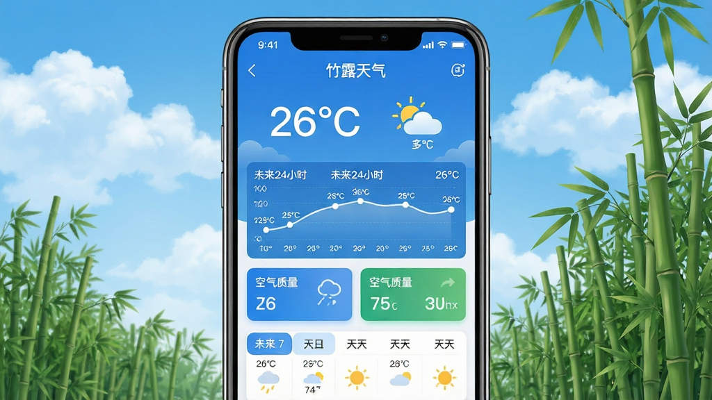 竹露天气APP主界面截图,画面中心展示手机屏幕,屏幕内显示“竹露天气”应用界面,背景是蓝天白云和绿色竹林,界面顶部显示当前温度26℃和晴转多云图标,中部有未来24小时温度曲线图和空气质量卡片,底部是未来7天天气列表,整体风格清新简约,蓝白配色为主,画质干净清晰,无多余元素
