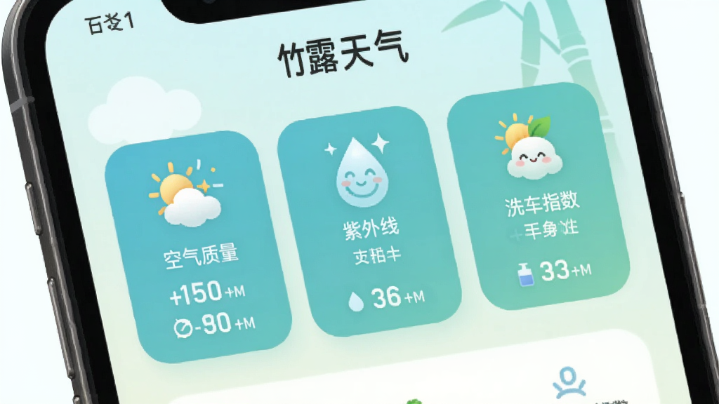 竹露天气生活指数界面截图,手机屏幕显示“竹露天气”应用内的生活指数卡片,包括空气质量、紫外线、穿衣建议、洗车指数等图标和文字说明,背景是浅色渐变,卡片圆角设计,风格清新可爱,蓝绿色调,画质清晰,无多余元素