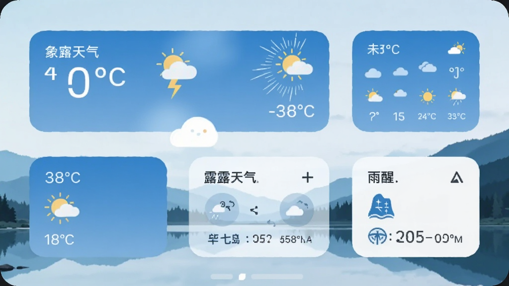手机桌面展示竹露天气的桌面小组件,屏幕上有多个不同尺寸的天气小组件,分别显示当前温度、未来天气趋势和降雨提醒,桌面壁纸是简约风景图,整体风格整洁统一,蓝白色调,画质清晰,无多余元素