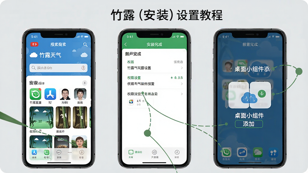 竹露天气安装设置教程示意图,画面展示手机屏幕从应用商店搜索“竹露天气”到安装完成的三个步骤截图,界面清晰标注权限设置和桌面小组件添加入口,背景是浅灰色,风格简洁直观,文字标注明确,画质干净,无多余元素