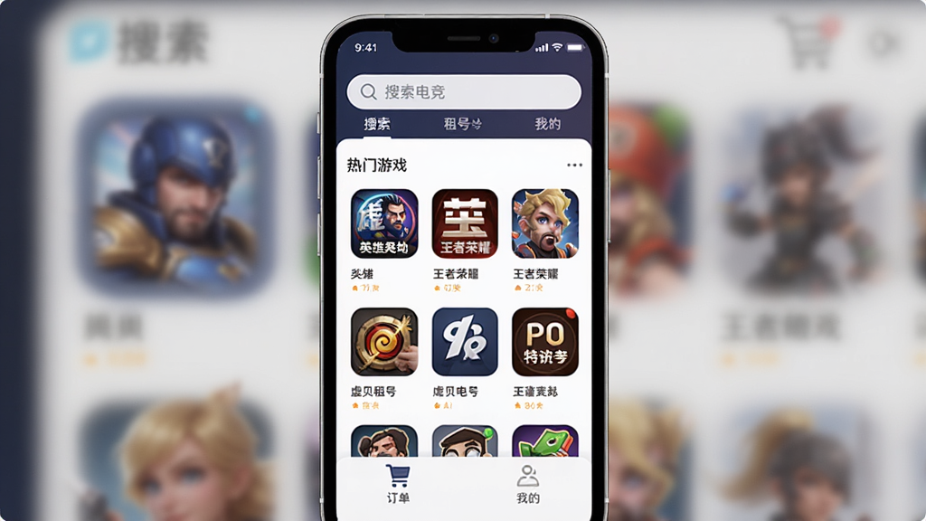 虚贝电竞游戏租号平台手机端界面展示,主体为一部竖屏智能手机,屏幕内显示虚贝电竞APP首页,顶部有搜索栏,中间是热门游戏租号列表,包括英雄联盟、王者荣耀等游戏图标,底部有订单和我的选项,布局清晰,排版简洁,风格现代扁平化,细节圆润,画质干净,无多余元素