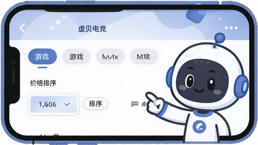 虚贝电竞新手操作界面示意图,主体为手机屏幕,画面中显示虚贝电竞APP的账号筛选页面,有游戏分类标签和价格排序选项,旁边有一个卡通风格的小助手图标正在指着屏幕,布局清晰,排版规整,风格扁平化插画,细节圆润,画质干净,无多余元素
