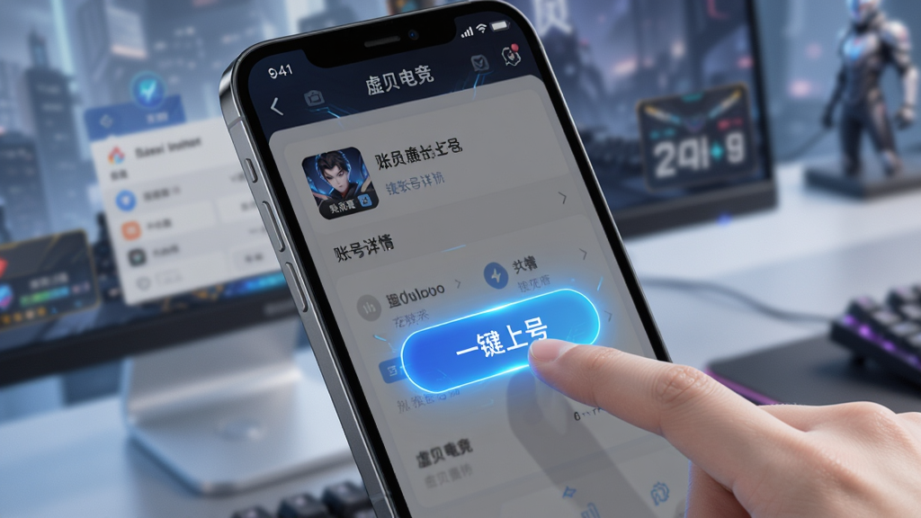 虚贝电竞一键上号功能展示图,主体为手机屏幕特写,画面中一只手正在点击屏幕上的“一键上号”按钮,按钮发出蓝色光效,背景是虚贝电竞APP的账号详情页,排版简洁,风格科技感,细节清晰,画质干净,无多余元素