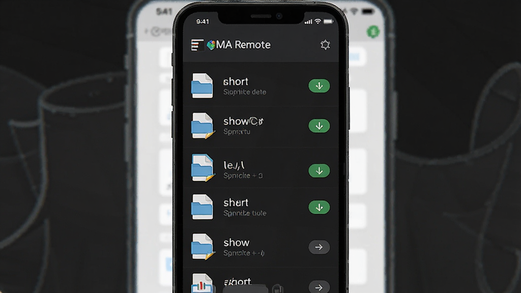 一张展示 MA Remote 文件管理界面的示意图,画面主体是手机屏幕上的文件列表,布局为竖向列表展示多个show文件,风格为简洁现代扁平化,细节包括文件图标和同步按钮,画质清晰,干净,无多余元素