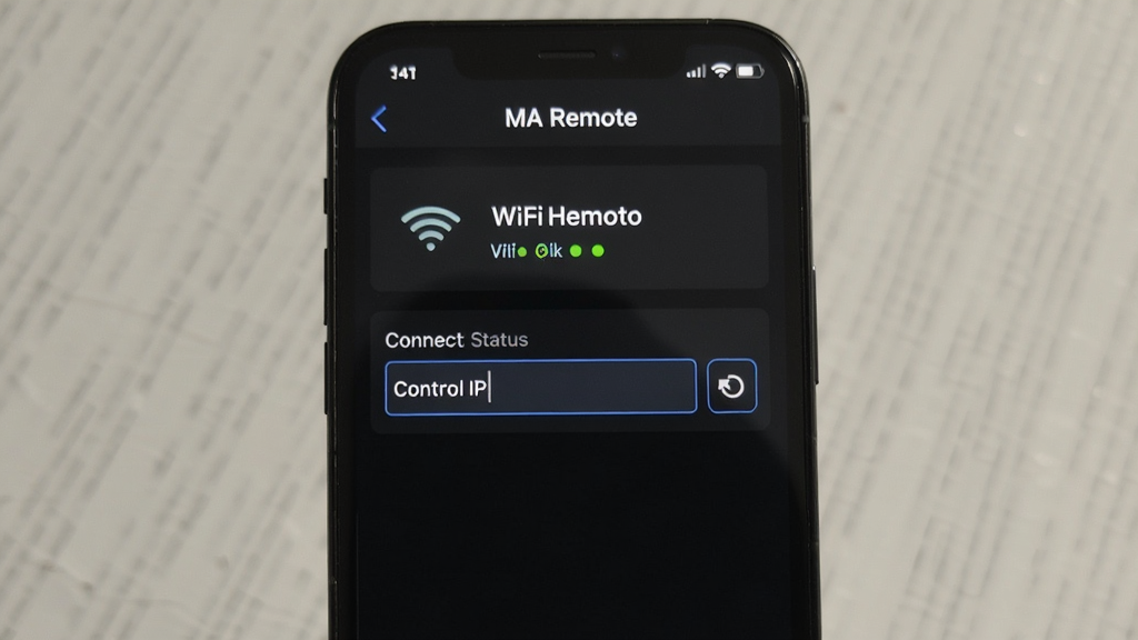 一张展示 MA Remote 连接设置界面的手机截图,画面主体是手机屏幕上的网络配置页面,布局为上方显示WiFi名称下方显示控台IP输入框,风格为深色UI,细节包括连接状态指示灯和刷新按钮,画质清晰,干净,无多余元素