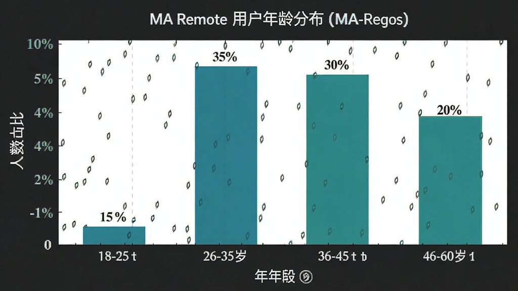 一张展示 MA Remote 用户年龄分布的柱状图,画面主体是柱状图,布局为横轴年龄段纵轴人数占比,风格为简洁数据可视化,细节包括18-25岁占比15%、26-35岁占比35%、36-45岁占比30%、46-60岁占比20%,画质清晰,干净,无多余元素