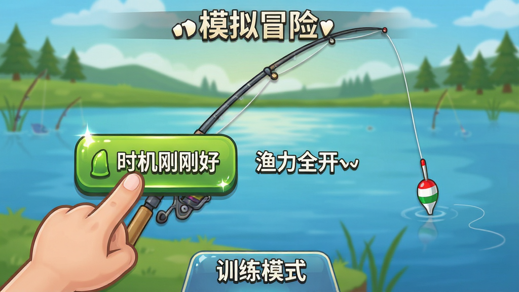 渔力全开模拟冒险新手教程界面,画面中一只卡通手指正在点击屏幕上的提竿按钮,旁边有文字提示“时机刚刚好”,背景是湖边钓点,有浮漂和鱼线,界面下方有训练模式标签,风格为游戏引导界面设计,细节包括按钮高光和文字阴影,画质干净清晰无多余元素