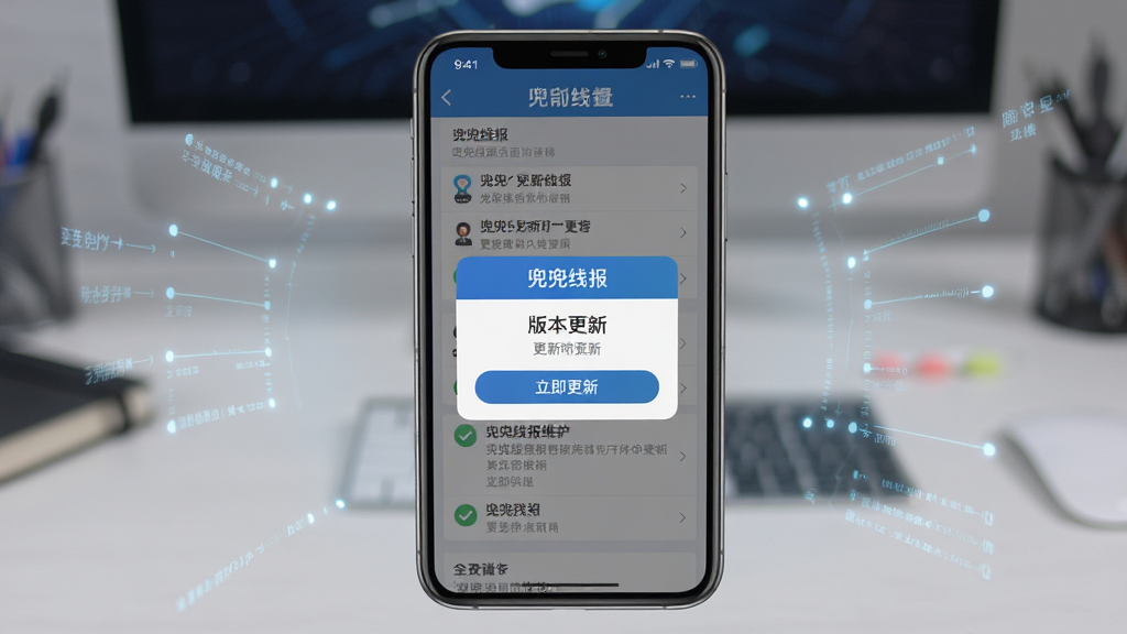 一张展示“兜兜线报”更新维护功能的图片,主体为手机屏幕,屏幕内显示“兜兜线报”的版本更新弹窗或设置页面,页面中有更新日志列表和“立即更新”按钮,布局居中,排版规整,风格科技感,细节清晰,画质干净,无多余元素。