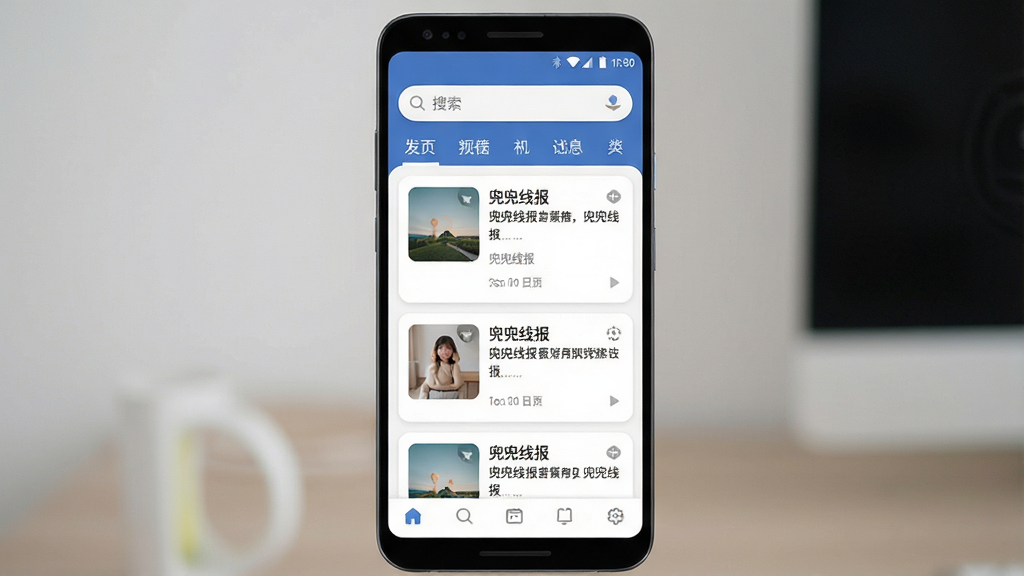 一张展示“兜兜线报”手机应用主界面的图片,主体为一部竖屏安卓手机,屏幕内显示“兜兜线报”软件界面,顶部有搜索栏和分类标签,中间是卡片式线报列表,底部为导航栏,布局简洁清晰,排版整齐,风格现代扁平化,细节圆润,画质干净,无多余元素。