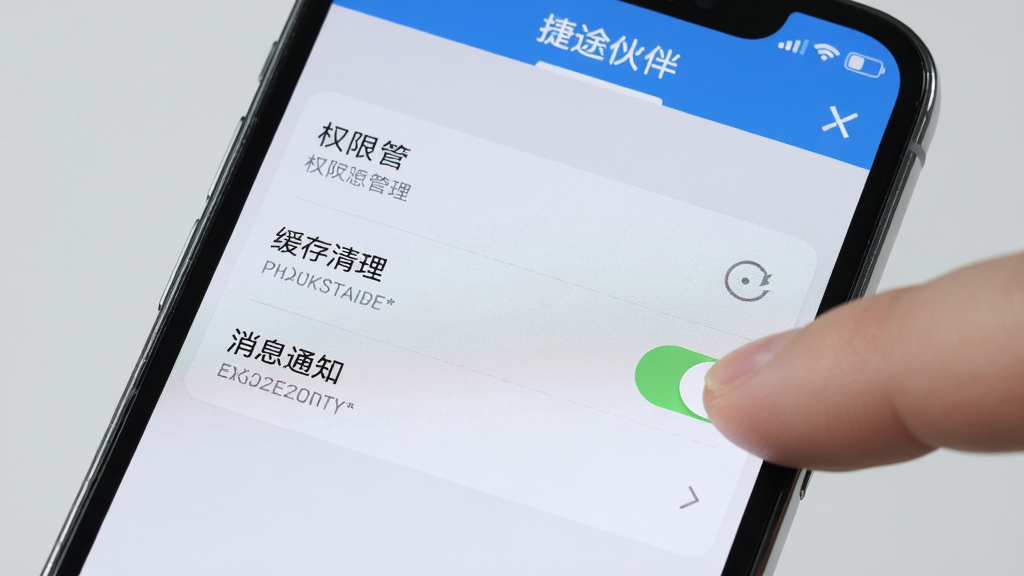 一张手机屏幕特写图,画面展示“捷途伙伴”APP的设置页面,页面上有权限管理、消息通知、缓存清理等选项,手指正在点击“消息通知”开关,背景为浅灰色,风格写实,画质清晰,无多余元素