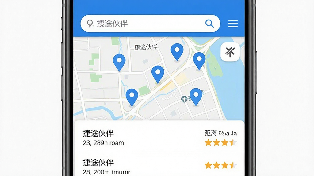 一张手机地图界面截图风格的图片,屏幕上显示“捷途伙伴”APP的门店查询页面,地图上有多个定位标记点,下方列表展示门店名称、距离和评分,顶部有搜索框,整体配色为蓝白相间,风格清爽直观,画质干净,无多余元素