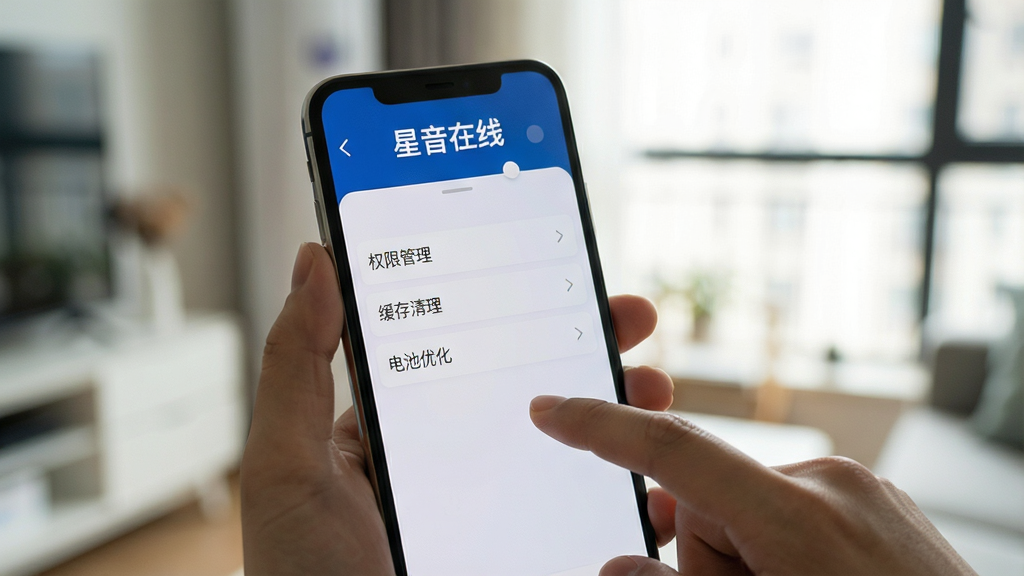 一张展示星音在线移动端使用攻略的图片,画面中一部手机握在手中,屏幕显示星音在线的设置界面,可以看到“权限管理”“缓存清理”“电池优化”等选项,旁边有手指正在点击屏幕,屏幕上方有“星音在线”文字标识,背景是模糊的室内环境,风格写实清晰,画质干净无多余元素