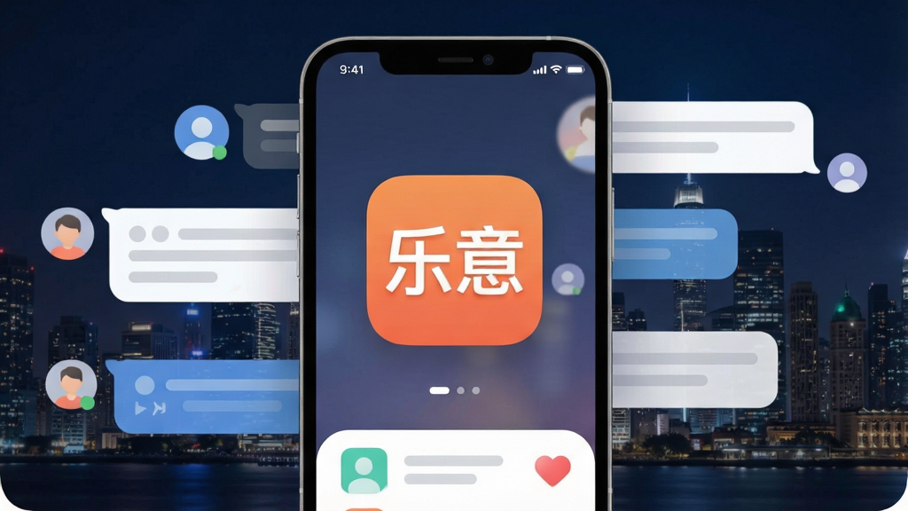 一张手机屏幕展示界面,画面中心是“乐意”APP的图标和主界面,背景是城市夜景与社交对话框元素融合,布局简洁,风格现代扁平,细节圆润,画质干净无多余元素