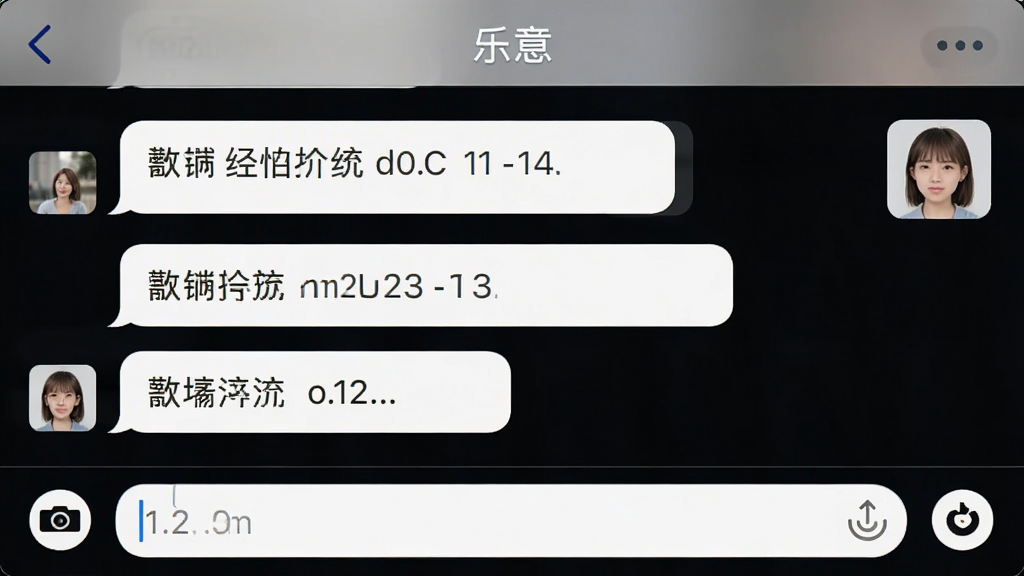 手机聊天界面截图,左侧显示对话气泡,右侧有用户头像,底部输入框,顶部标题“乐意”,界面简洁,线条干净,画质清晰