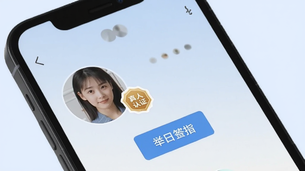 手机屏幕显示用户个人主页,头像旁有“真人认证”徽章图标,下方有举报按钮,背景为淡蓝色,风格简约,画质干净无多余元素