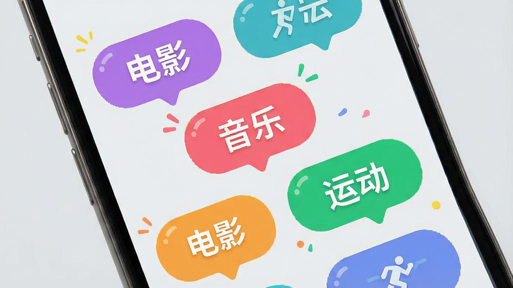 手机界面展示多个兴趣标签气泡,如“电影”“音乐”“运动”,标签以彩色圆角矩形排列,背景为浅灰色,风格活泼,画质干净无多余元素