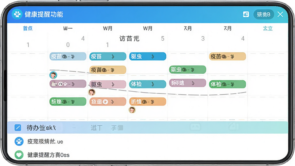 酷宠App健康提醒功能界面截图,画面中显示一个日历视图,上面标注了疫苗、驱虫、体检等不同颜色的提醒事项,下方是待办列表,整体设计简洁明了,配色以蓝色和绿色为主,风格清新专业,画质干净无多余元素