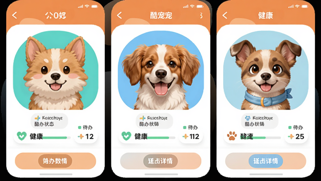 酷宠App多宠物管理界面,画面中显示三只不同宠物的头像并排排列,每只宠物下方有独立的健康状态标签和待办数量,点击可切换查看详情,布局清晰,配色温暖,风格可爱,画质干净无多余元素