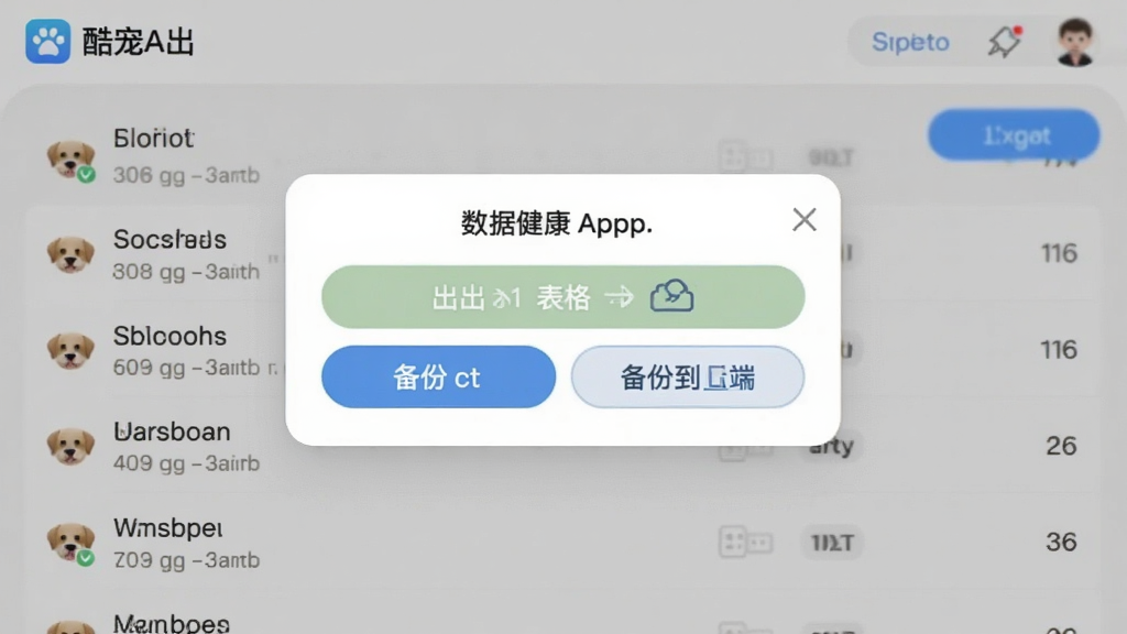 酷宠App数据导出功能界面,画面中显示导出选项弹窗,包含导出为表格和备份到云端两个按钮,背景是宠物健康记录列表,界面简洁,配色以白色和浅灰为主,风格实用,画质干净无多余元素
