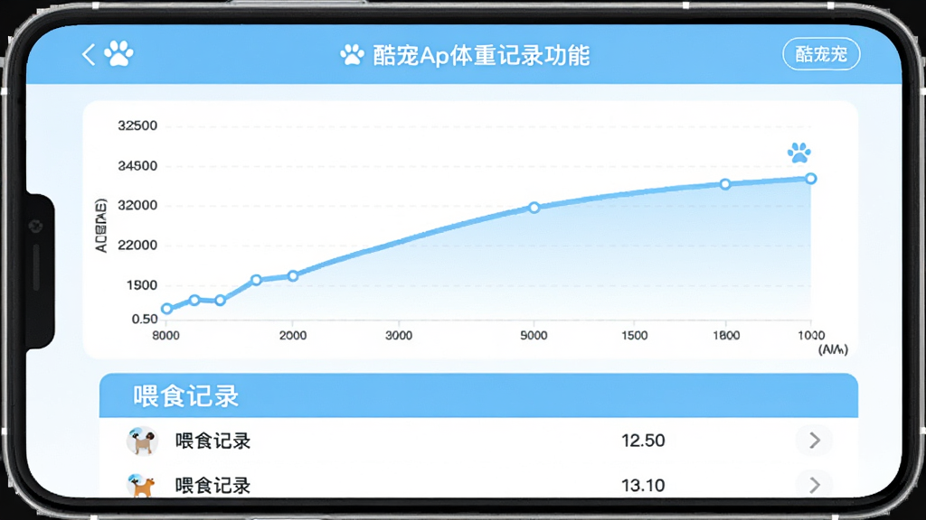 酷宠App体重记录功能界面,画面中显示一条宠物体重变化折线图,横轴是日期纵轴是体重数值,下方有喂食记录列表,整体界面清爽,配色以浅蓝和白色为主,图表清晰易读,画质干净无多余元素