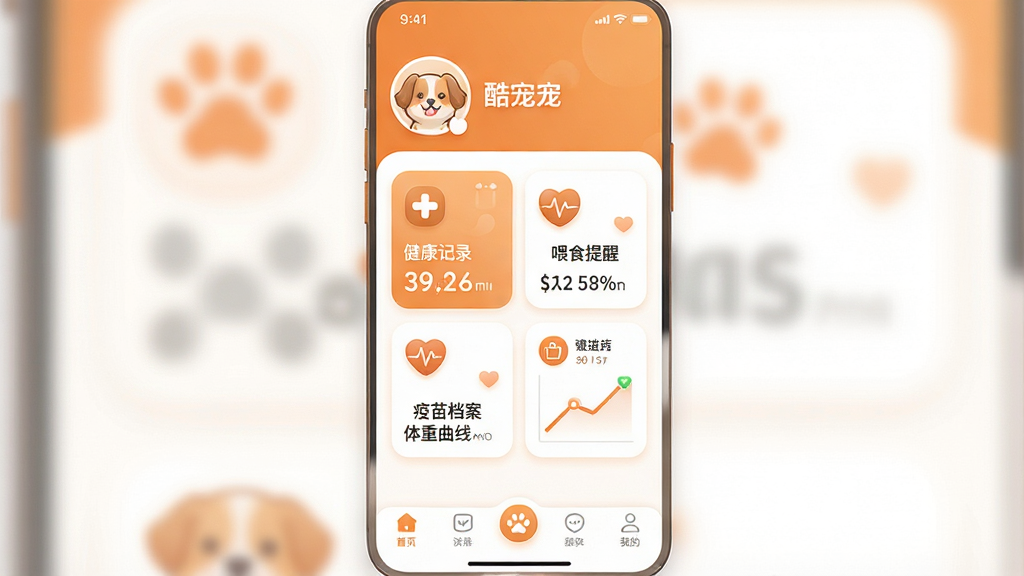 一张展示酷宠App核心功能的手机应用界面截图,画面中央是酷宠App的主页,顶部显示宠物头像和名字,中间有健康记录、喂食提醒、疫苗档案、体重曲线四个功能卡片,底部是导航栏,整体配色以暖橙色和白色为主,风格温馨现代,图标圆润可爱,背景干净整洁,画质清晰无多余元素