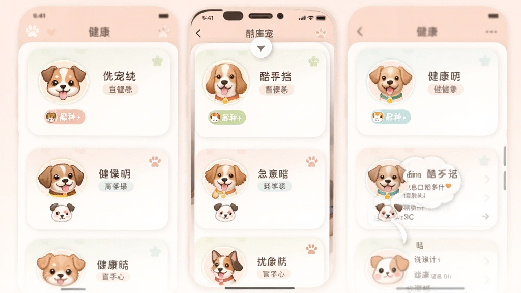 一款名为酷宠的手机应用宠物档案管理界面,画面中显示多个宠物头像卡片排列整齐,每个卡片上有宠物名字和品种标签,点击后展开详细健康信息,布局清晰,风格可爱温馨,配色柔和,画质干净无多余元素