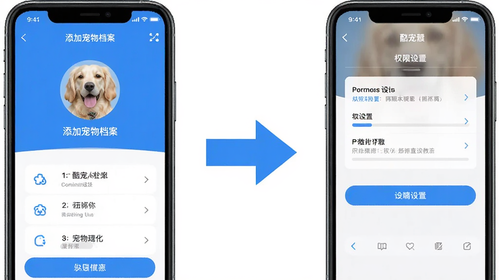 一张展示酷宠App使用教程的示意图,画面中左侧是手机屏幕显示添加宠物档案的步骤截图,右侧是权限设置界面截图,中间有箭头连接,整体排版清晰,配色以蓝色和白色为主,风格教程化,画质干净无多余元素