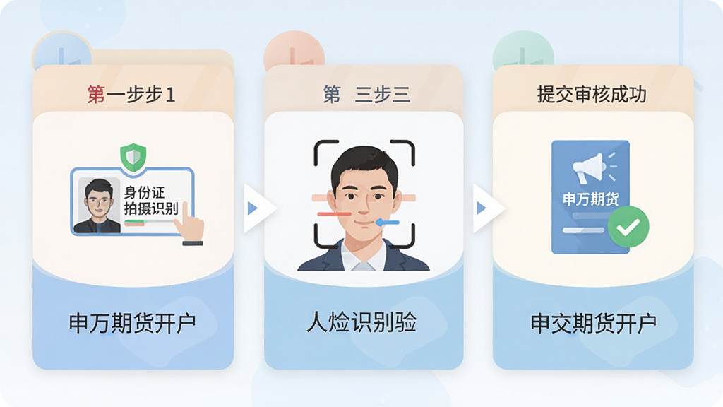 一张展示申万期货开户APP开户流程的图片,画面分为三个步骤卡片,第一步是身份证拍摄识别,第二步是人脸识别验证,第三步是提交审核成功,每个卡片上有对应的图标和“申万期货开户”文字,整体风格扁平化,色彩柔和,画质清晰,无多余元素