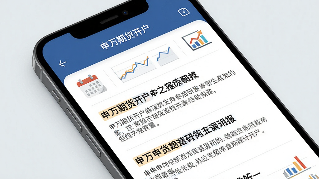 一张展示申万期货开户APP资讯研报页面的图片,画面中手机屏幕上显示着多篇研报标题和摘要,有“申万期货开户”字样,旁边有日历和图表小图标,背景是浅灰色,文字排版清晰,风格商务阅读感,画质干净,无多余元素