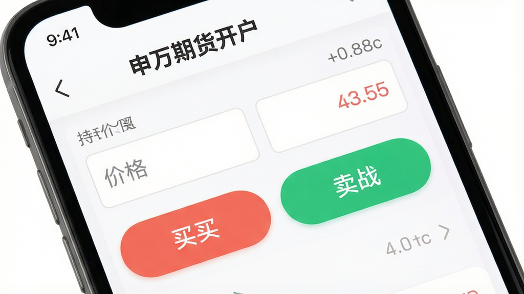 一张展示申万期货开户APP交易下单界面的图片,画面中手机屏幕上显示着买入卖出的操作按钮,价格输入框,以及“申万期货开户”的文字标识,旁边有持仓盈亏的数字显示,背景是白色简洁风格,按钮圆润,画质干净,无多余元素