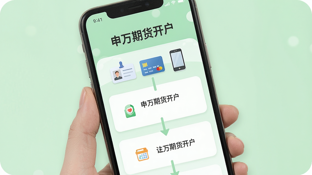 一张展示申万期货开户APP新手引导页面的图片,画面中手机屏幕上显示着开户步骤的图文指引,有“申万期货开户”标题,旁边有身份证、银行卡、手机等小图标,背景是柔和的浅绿色,风格友好亲切,画质干净,无多余元素