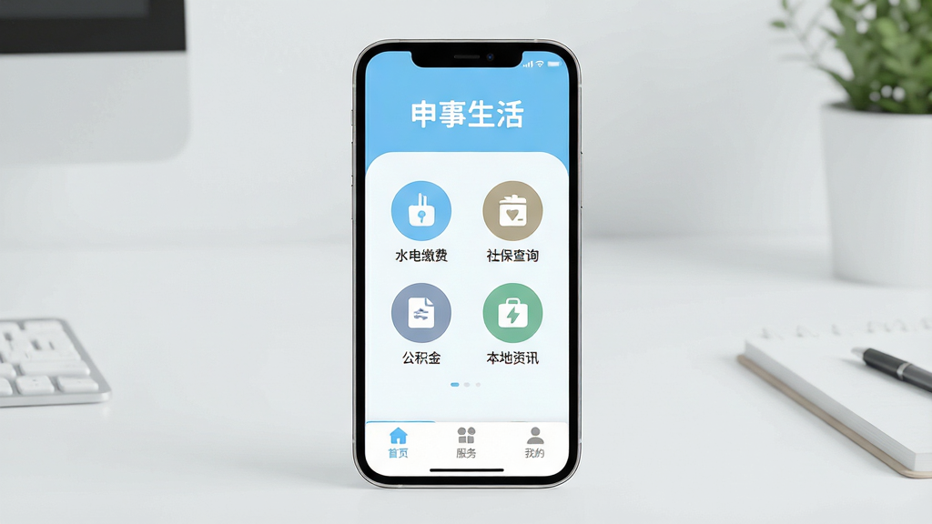 手机应用界面展示,画面中央是一部现代智能手机,屏幕上打开着名为“申事生活”的App,主界面以浅蓝色和白色为主色调,顶部显示“申事生活”文字标识,中间排列着水电缴费、社保查询、公积金、本地资讯等圆形图标,底部有首页、服务、我的三个选项卡,背景是干净的书桌环境,整体风格现代扁平,细节圆润,画质干净,无多余元素