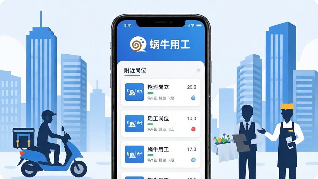 蜗牛用工APP主界面截图,画面中央是手机屏幕,屏幕内显示蜗牛用工的LOGO和附近岗位列表,背景是城市写字楼与外卖骑手、服务员等灵活就业人群的剪影,布局简洁,风格现代扁平,色彩以蓝白为主,细节清晰,画质干净,无多余元素