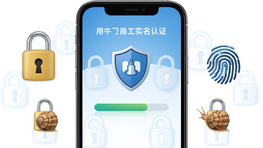 蜗牛用工实名认证页面,手机屏幕显示认证进度条和盾牌图标,周围环绕着锁、指纹等安全元素,背景是简洁的蓝色渐变,风格安全可靠,细节清晰,画质干净,无多余元素