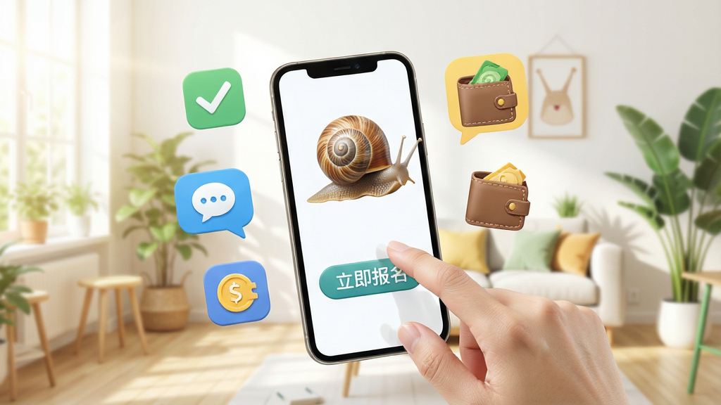 蜗牛用工手机操作演示图,画面中一只手点击手机屏幕上的“立即报名”按钮,屏幕周围漂浮着勾选、聊天、钱包等图标,背景是明亮的室内场景,风格轻松活泼,细节清晰,画质干净,无多余元素
