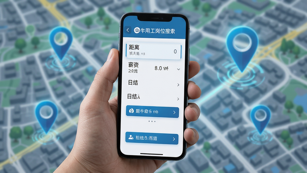 蜗牛用工岗位搜索界面,画面中一只手拿着手机,屏幕显示筛选条件选项,包括距离、薪资、日结等按钮,背景是城市地图和定位图标,风格科技感,细节清晰,画质干净,无多余元素
