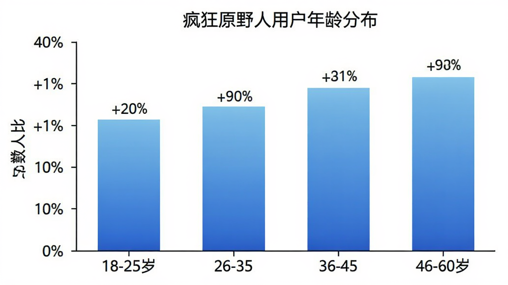 疯狂原野人 用户年龄分布柱状图,横轴为年龄段18-25岁、26-35岁、36-45岁、46-60岁,纵轴为人数占比百分比,柱状图颜色为蓝色渐变,图表标题为“疯狂原野人用户年龄分布”,背景白色干净,数据标签清晰
