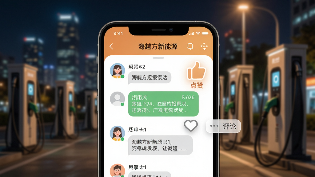 一张展示海越方新能源App社区互动功能的图片,画面是一个手机屏幕特写,屏幕里显示着用户上报的充电桩状态信息,旁边有“点赞”和“评论”的小图标,背景是模糊的城市夜景和充电站灯光,风格是温馨的社交分享界面,细节包括用户头像和简洁的文字气泡,画质清晰,画面干净,无多余元素