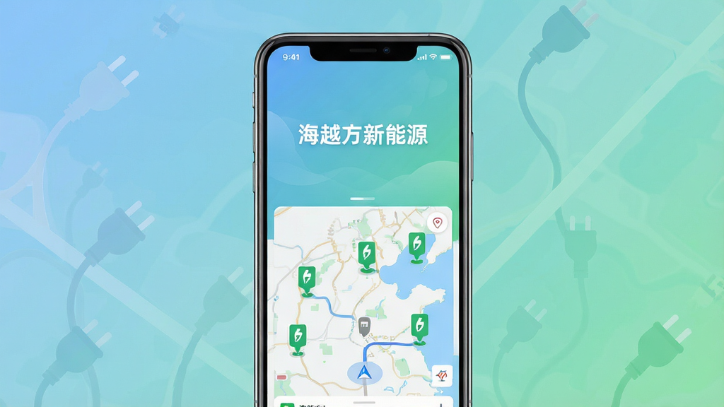 一张展示海越方新能源App核心界面的全貌图,主体是一个现代感十足的智能手机屏幕,屏幕上显示着“海越方新能源”的启动页面,下方是清晰的地图导航界面,地图上标注着多个绿色的充电站图标,布局采用居中构图,排版简洁明了,风格是科技感十足的扁平化设计,细节包括精致的充电插头图标和柔和的蓝绿渐变背景,画质高清,画面干净,无多余元素