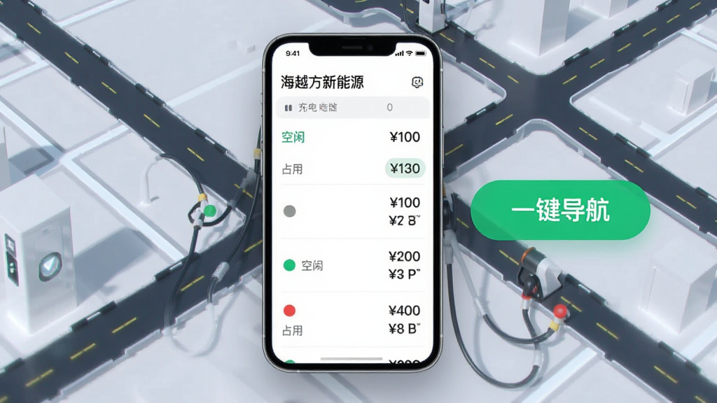 海越方新能源App的功能展示图,画面中心是一个手机屏幕,屏幕里显示着充电桩的实时状态列表,用绿色和红色圆点清晰标注着“空闲”和“占用”,旁边有一个醒目的“一键导航”按钮,背景是抽象的城市道路网格,风格是简洁的UI设计展示,细节包括清晰的价格标签和充电功率数字,画质干净,无多余元素