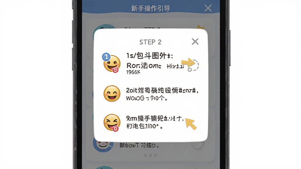 表情包斗图大师的新手操作引导界面,手机屏幕显示分步教程弹窗,布局为居中卡片式,排版简洁明了,风格友好亲切,细节有步骤序号和操作箭头,画质干净无多余元素