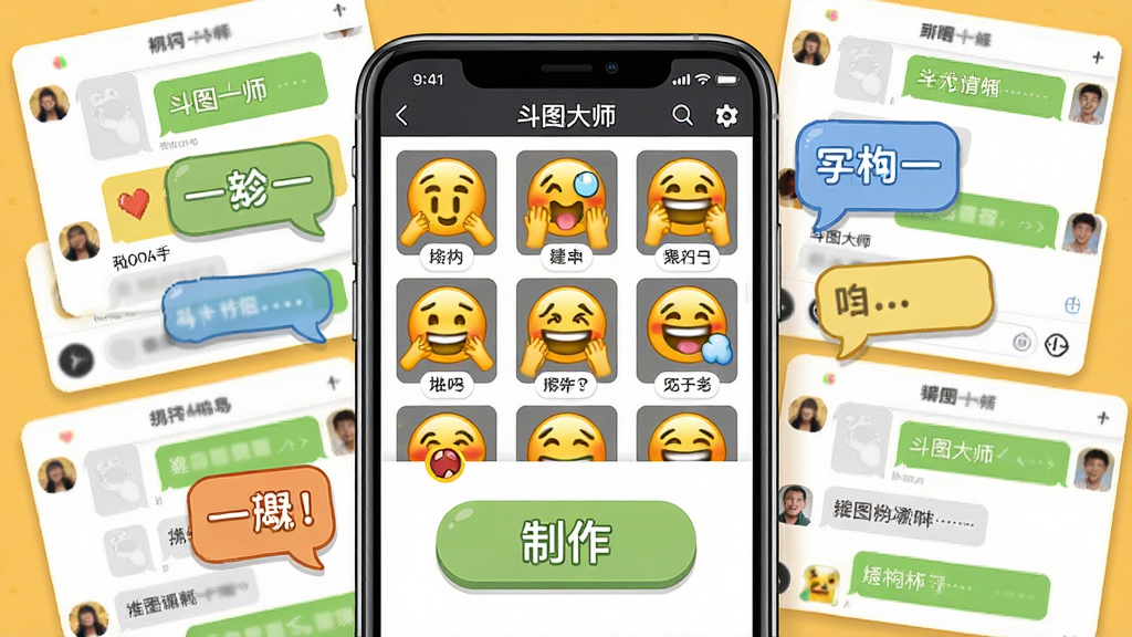 一张展示表情包斗图大师软件核心全貌的场景图,画面中央是手机屏幕,屏幕里显示表情包斗图大师的界面,界面中有各种搞笑表情包缩略图和一个醒目的制作按钮,周围散落着聊天对话框和斗图气泡,布局紧凑有层次,排版清晰,风格轻松活泼,细节包括表情包小图标和文字标签,画质干净无多余元素,适合作为应用推荐头图